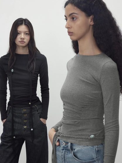 Asymmetric Neckline Pleated Top With Detachable Beaded Tie