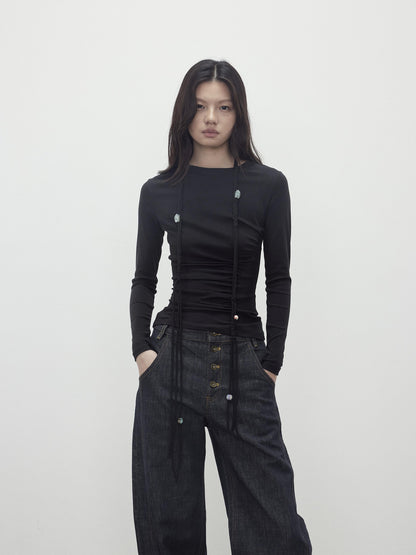 AFTADAWN Asymmetric Neckline Pleated Top With Detachable Beaded Tie