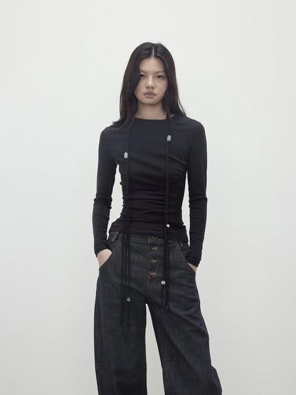 Asymmetric Neckline Pleated Top With Detachable Beaded Tie