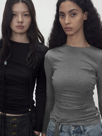 Asymmetric Neckline Pleated Top With Detachable Beaded Tie