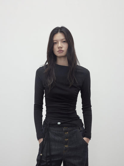 AFTADAWN Asymmetric Neckline Pleated Top With Detachable Beaded Tie