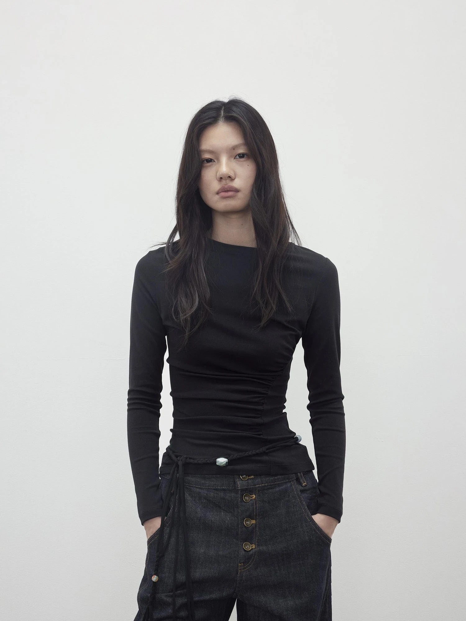 Asymmetric Neckline Pleated Top With Detachable Beaded Tie