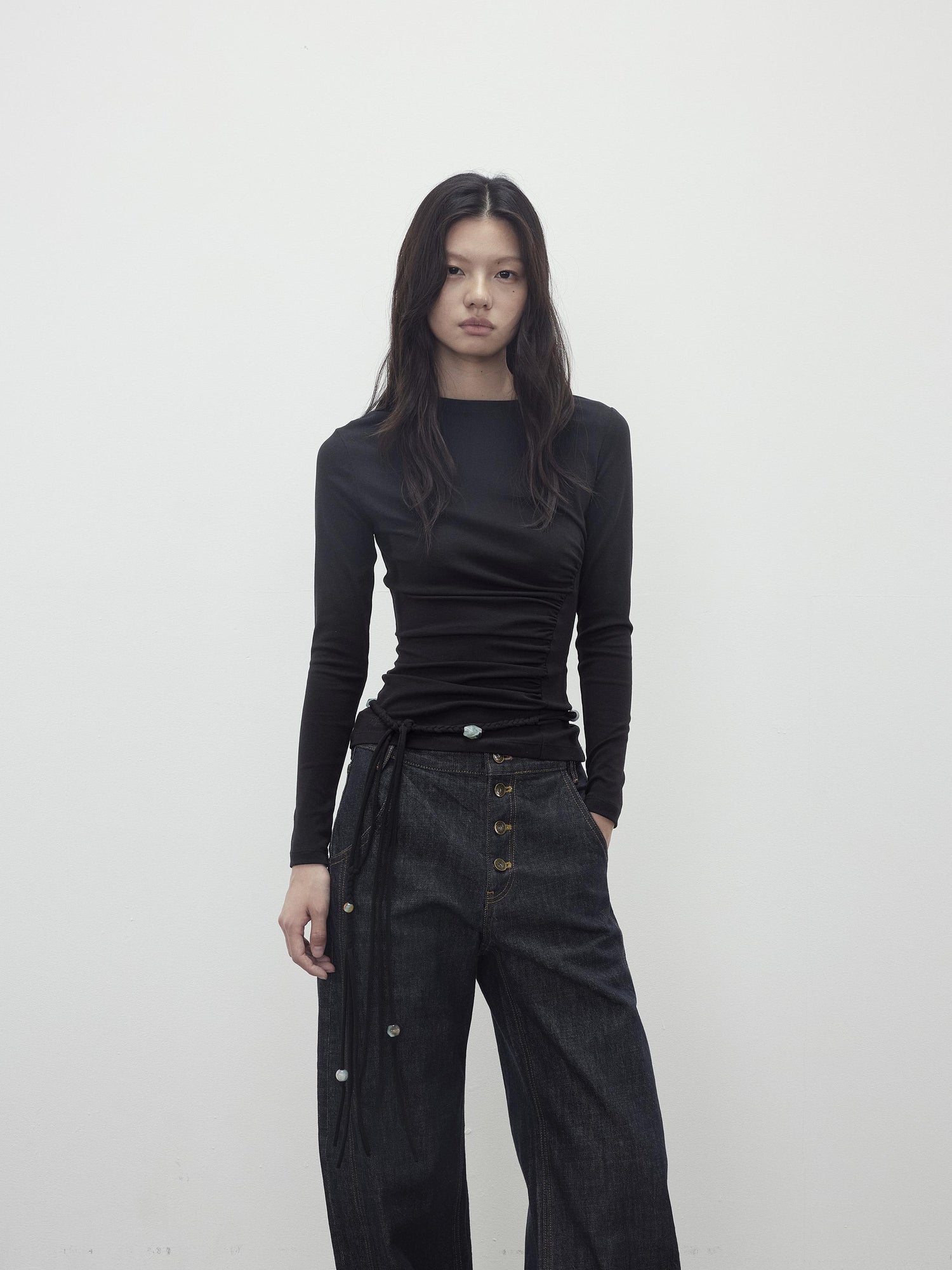 AFTADAWN Asymmetric Neckline Pleated Top With Detachable Beaded Tie