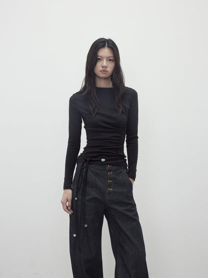 AFTADAWN Asymmetric Neckline Pleated Top With Detachable Beaded Tie