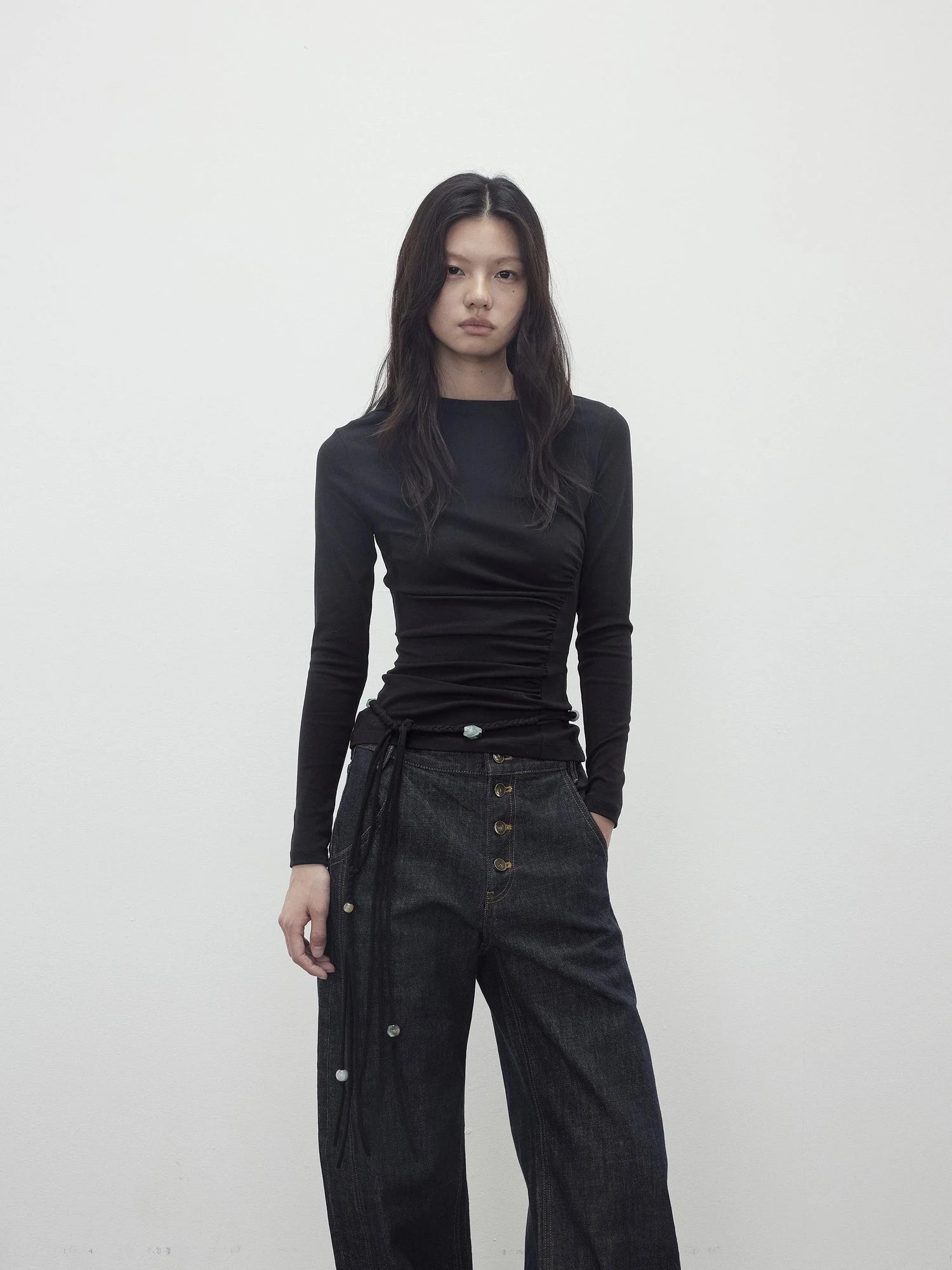 Asymmetric Neckline Pleated Top With Detachable Beaded Tie