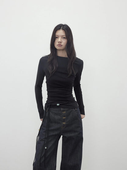 Asymmetric Neckline Pleated Top With Detachable Beaded Tie