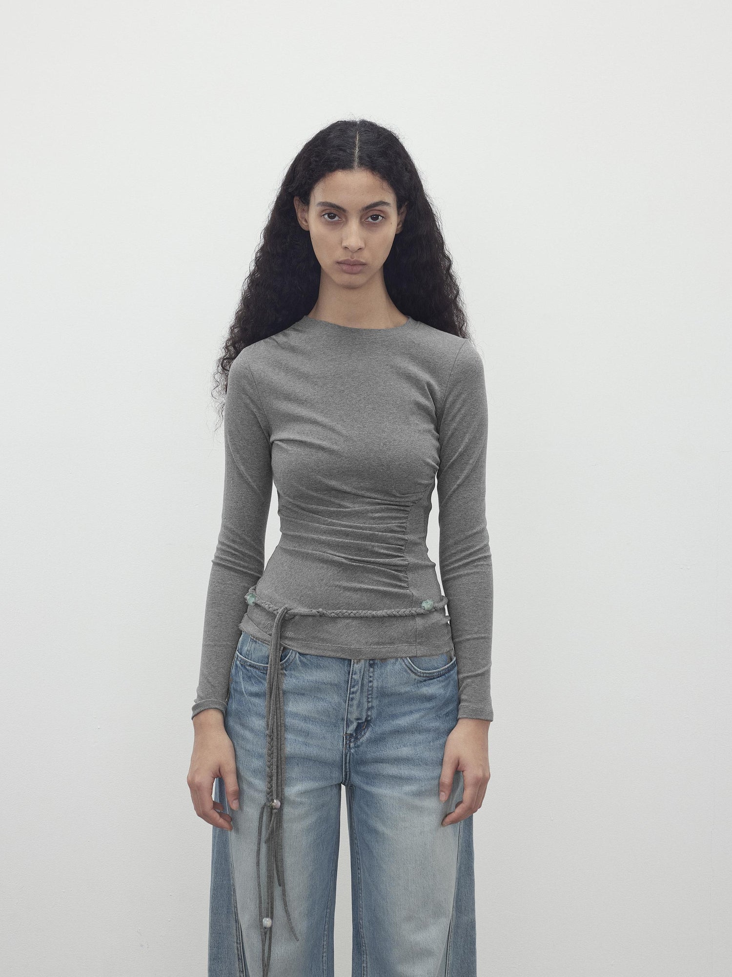 AFTADAWN Asymmetric Neckline Pleated Top With Detachable Beaded Tie