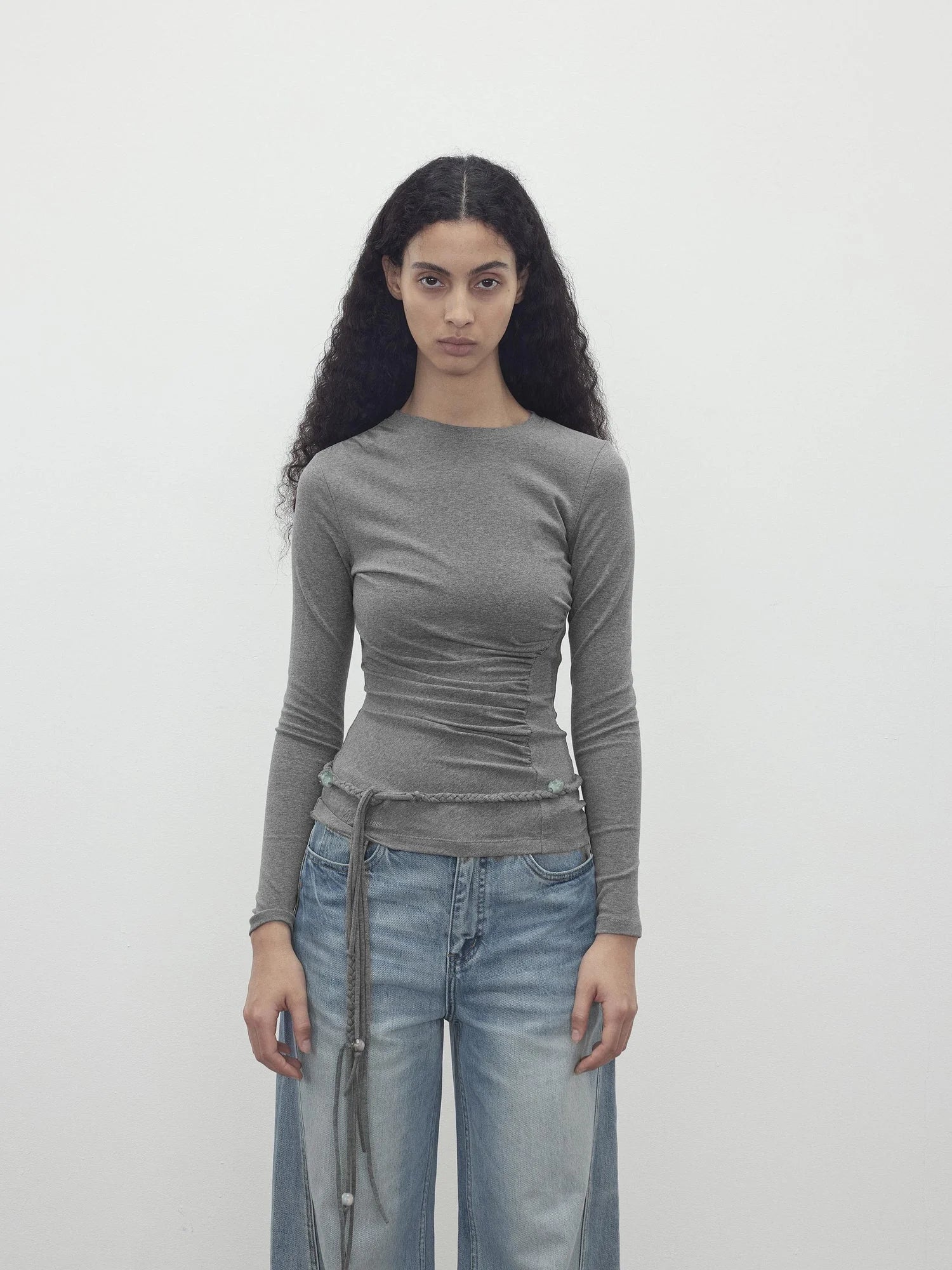 Asymmetric Neckline Pleated Top With Detachable Beaded Tie