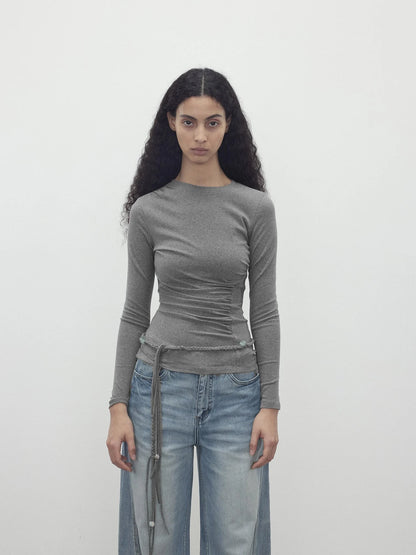 Asymmetric Neckline Pleated Top With Detachable Beaded Tie