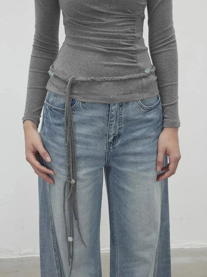 Asymmetric Neckline Pleated Top With Detachable Beaded Tie