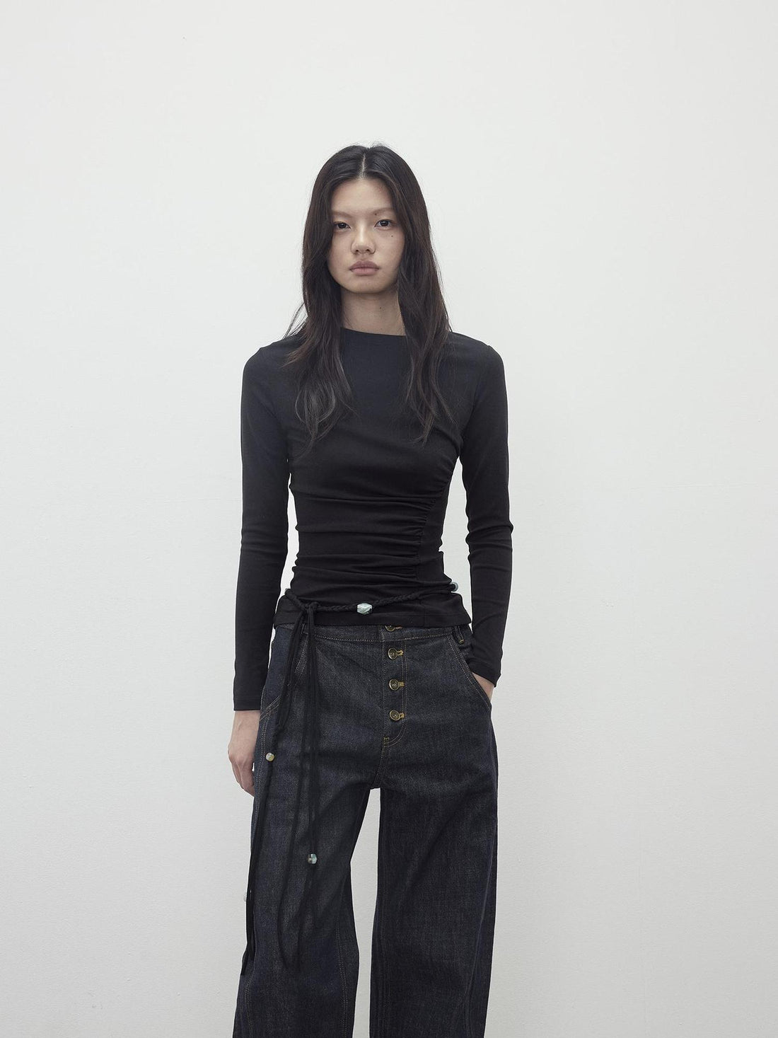 AFTADAWN Asymmetric Neckline Pleated Top With Detachable Beaded Tie
