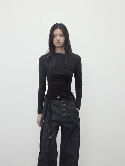 Asymmetric Neckline Pleated Top With Detachable Beaded Tie