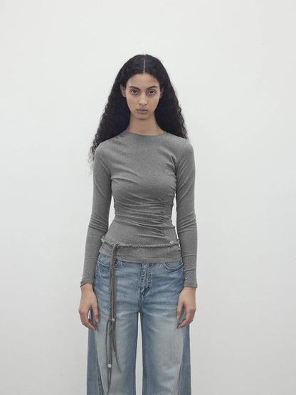 Asymmetric Neckline Pleated Top With Detachable Beaded Tie