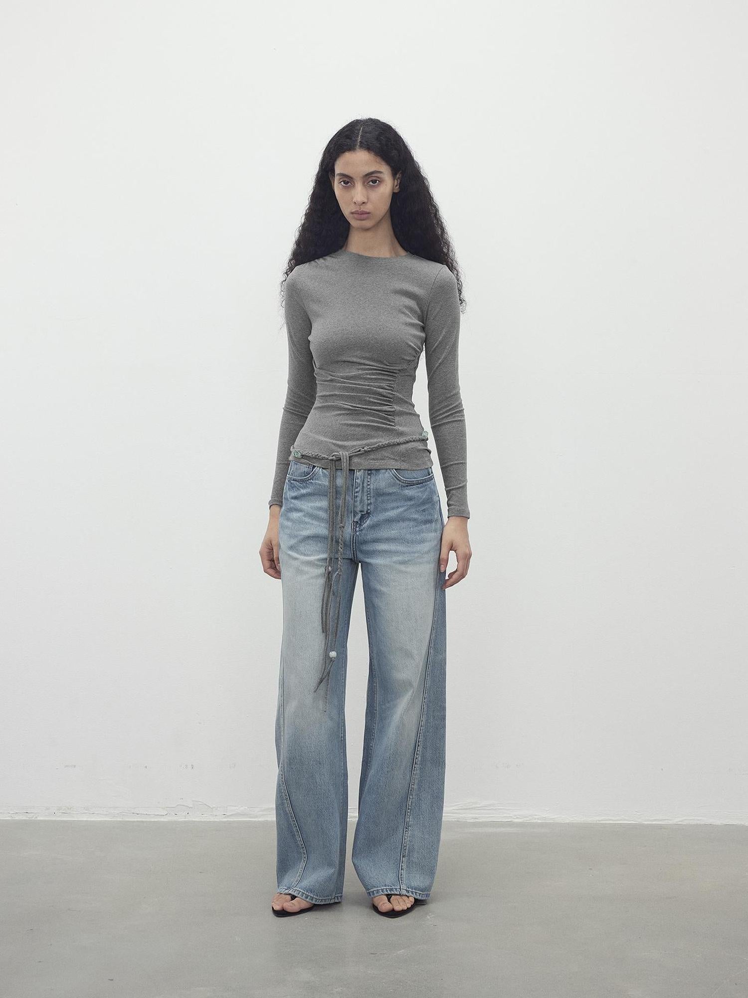 AFTADAWN Asymmetric Neckline Pleated Top With Detachable Beaded Tie