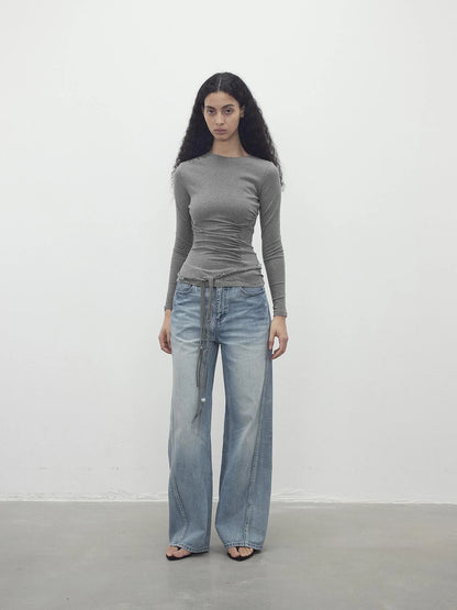 Asymmetric Neckline Pleated Top With Detachable Beaded Tie