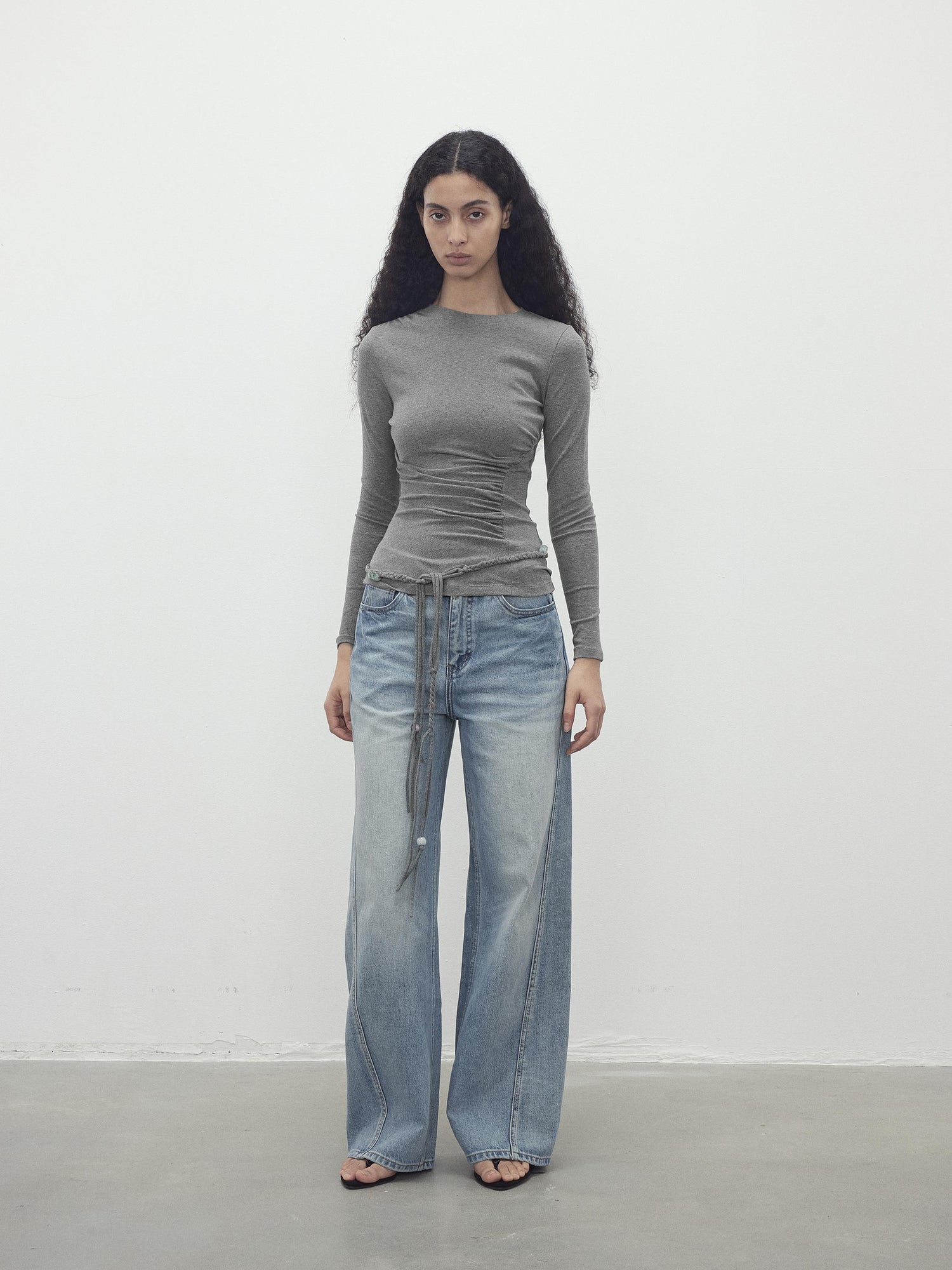 AFTADAWN Asymmetric Neckline Pleated Top With Detachable Beaded Tie