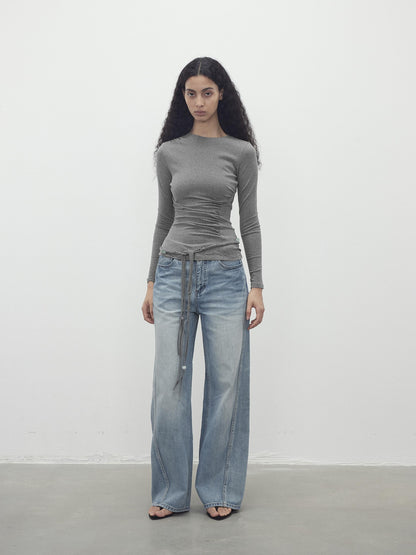 AFTADAWN Asymmetric Neckline Pleated Top With Detachable Beaded Tie