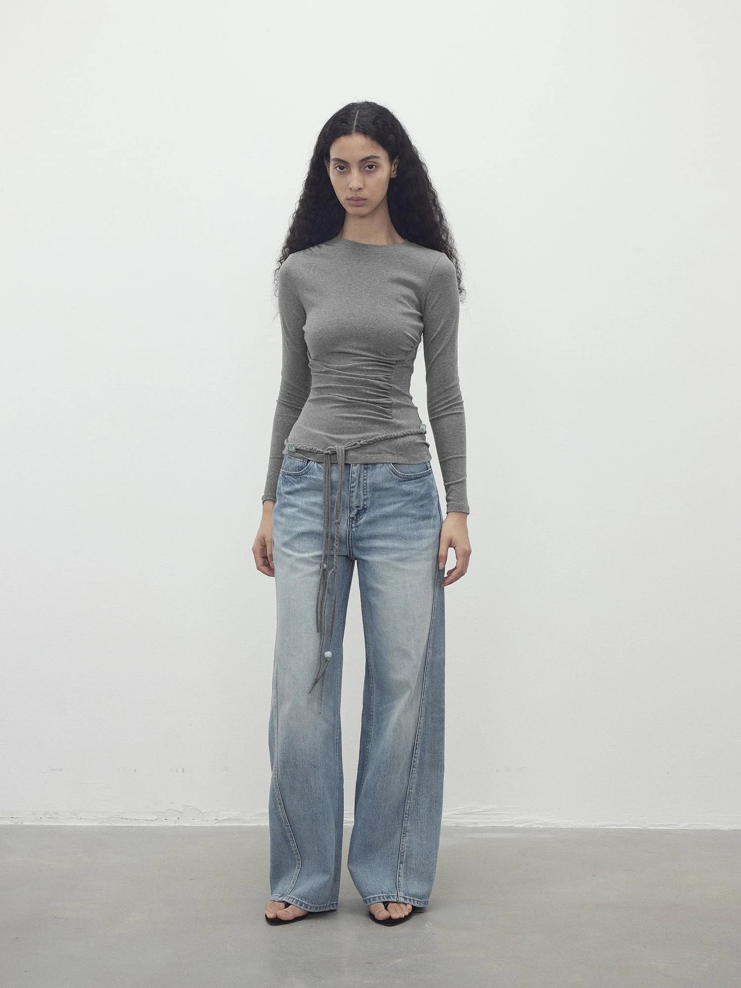 Asymmetric Neckline Pleated Top With Detachable Beaded Tie