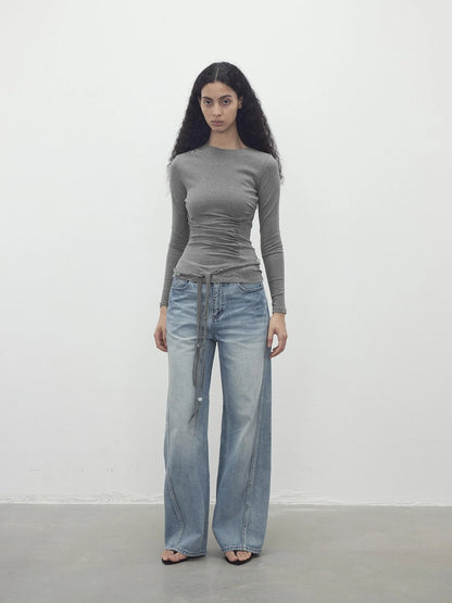 Asymmetric Neckline Pleated Top With Detachable Beaded Tie