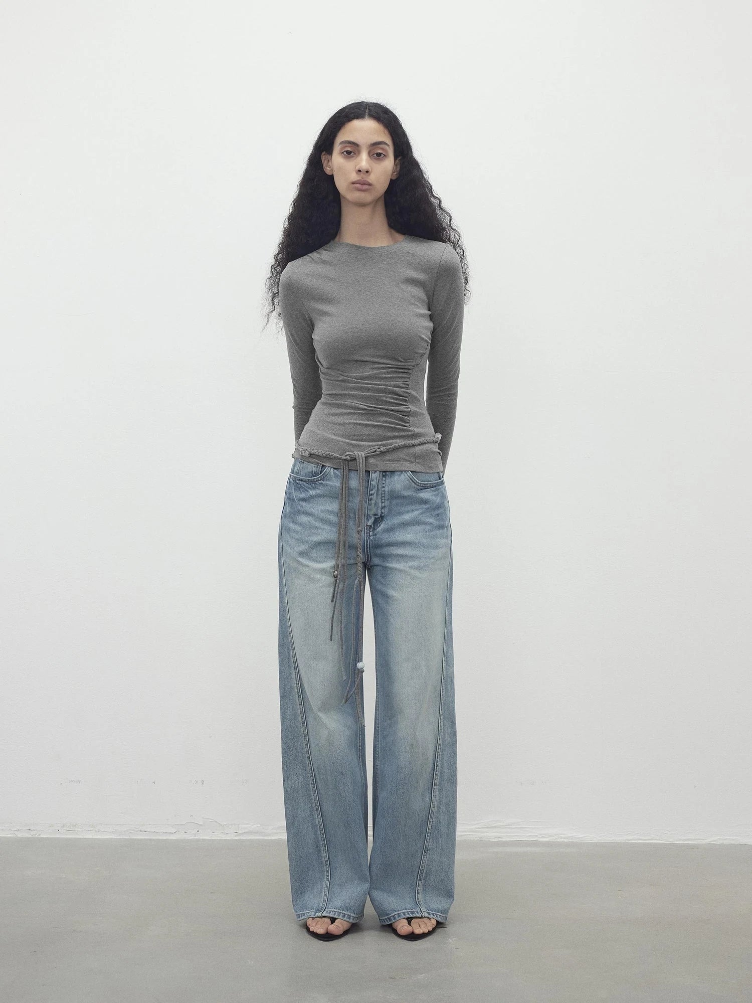 Asymmetric Neckline Pleated Top With Detachable Beaded Tie