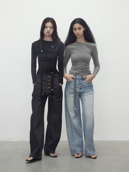AFTADAWN Asymmetric Neckline Pleated Top With Detachable Beaded Tie