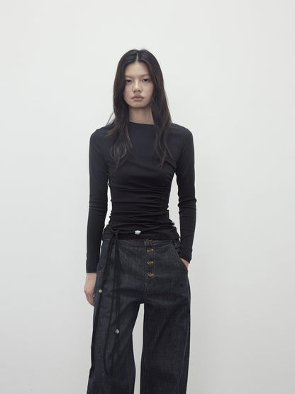 AFTADAWN Asymmetric Neckline Pleated Top With Detachable Beaded Tie