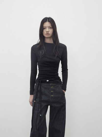 Asymmetric Neckline Pleated Top With Detachable Beaded Tie