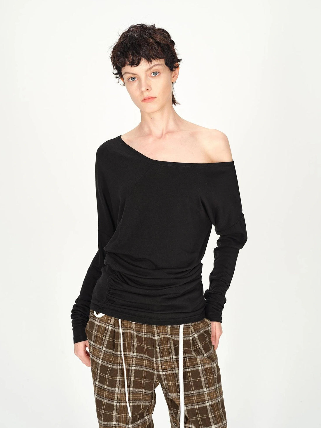 AFTADAWN Asymmetric Off Shoulder Wool Tencel Top T-shirt