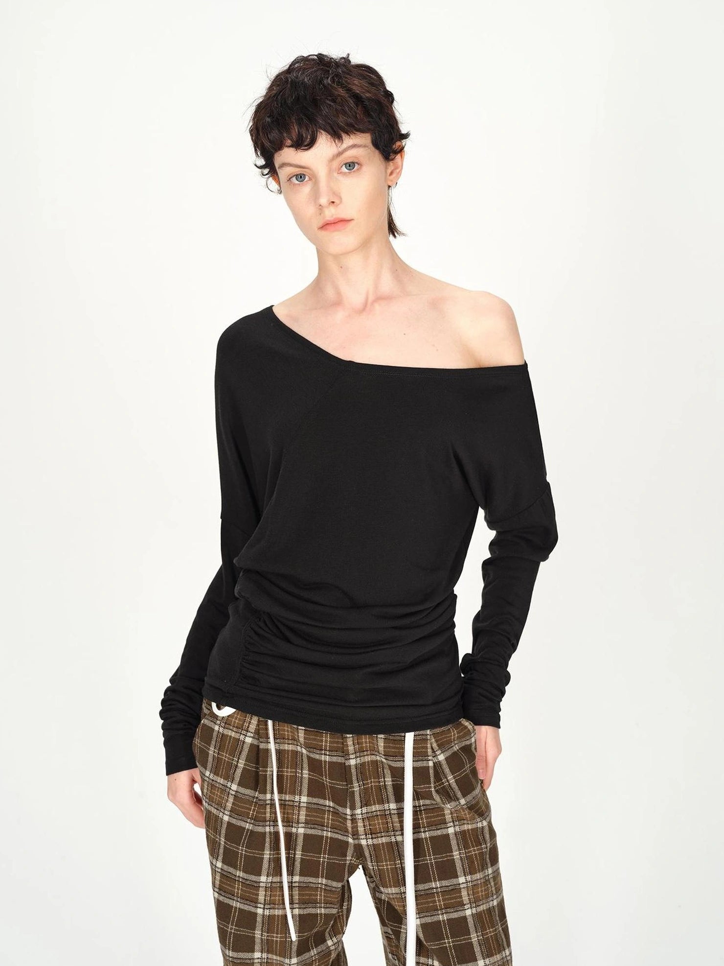 AFTADAWN Asymmetric Off Shoulder Wool Tencel Top T-shirt