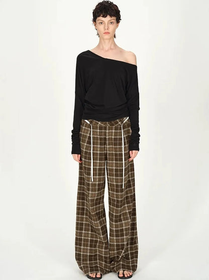 AFTADAWN Asymmetric Off Shoulder Wool Tencel Top T-shirt