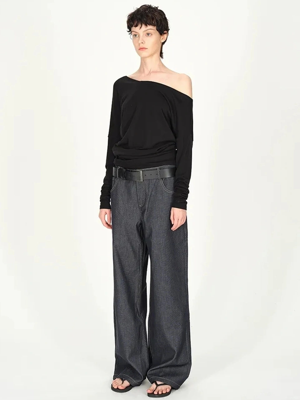 AFTADAWN Asymmetric Off Shoulder Wool Tencel Top T-shirt