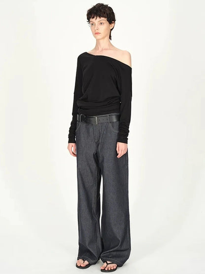 AFTADAWN Asymmetric Off Shoulder Wool Tencel Top T-shirt