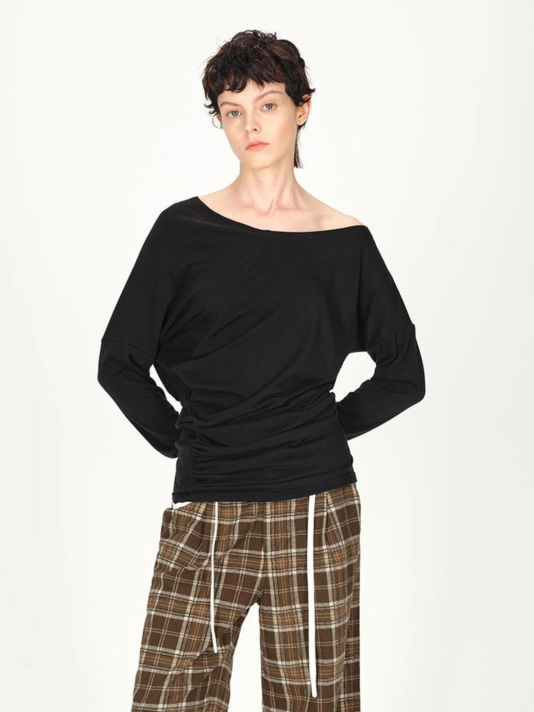 AFTADAWN Asymmetric Off Shoulder Wool Tencel Top T-shirt