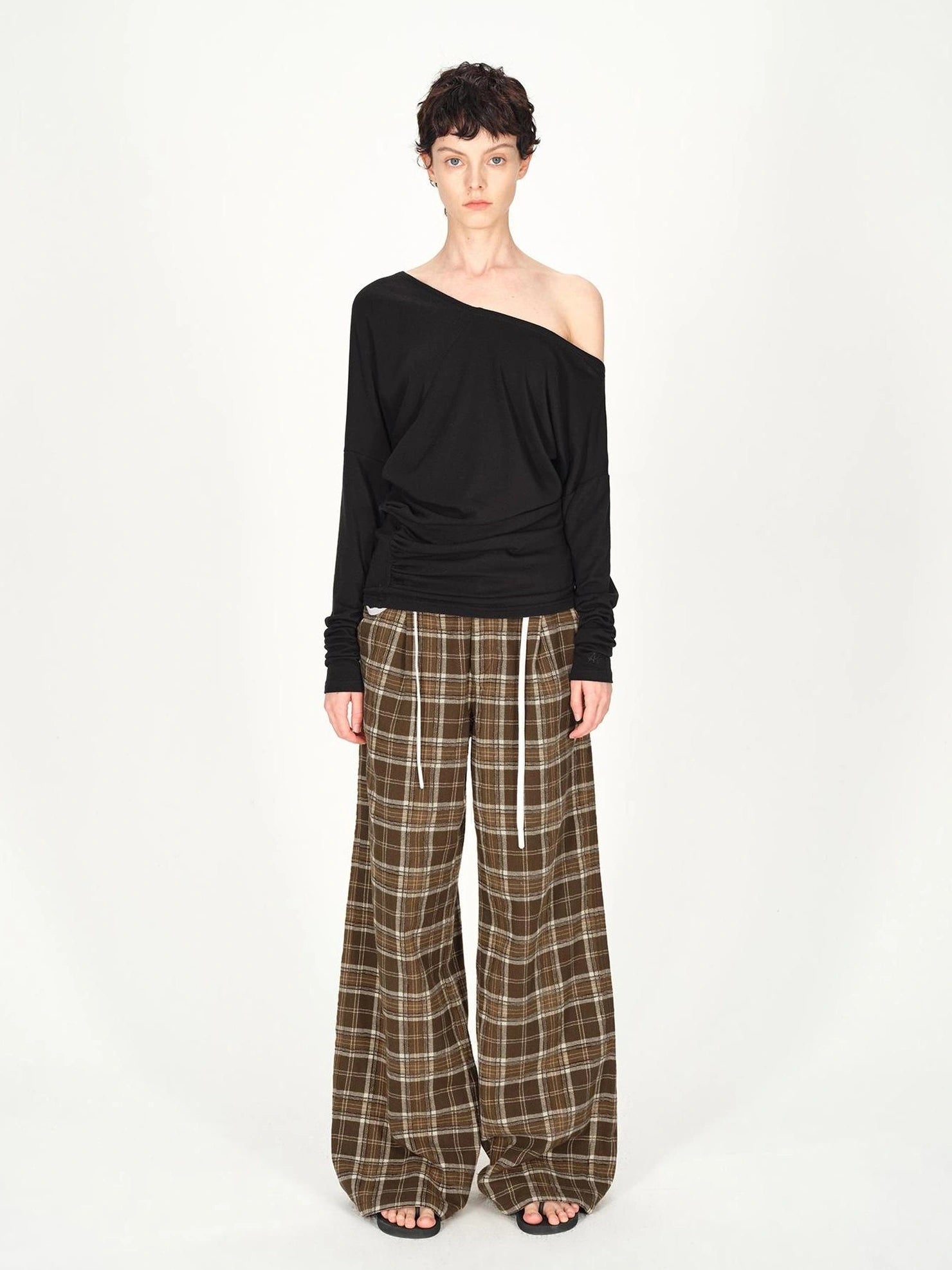 AFTADAWN Asymmetric Off Shoulder Wool Tencel Top T-shirt