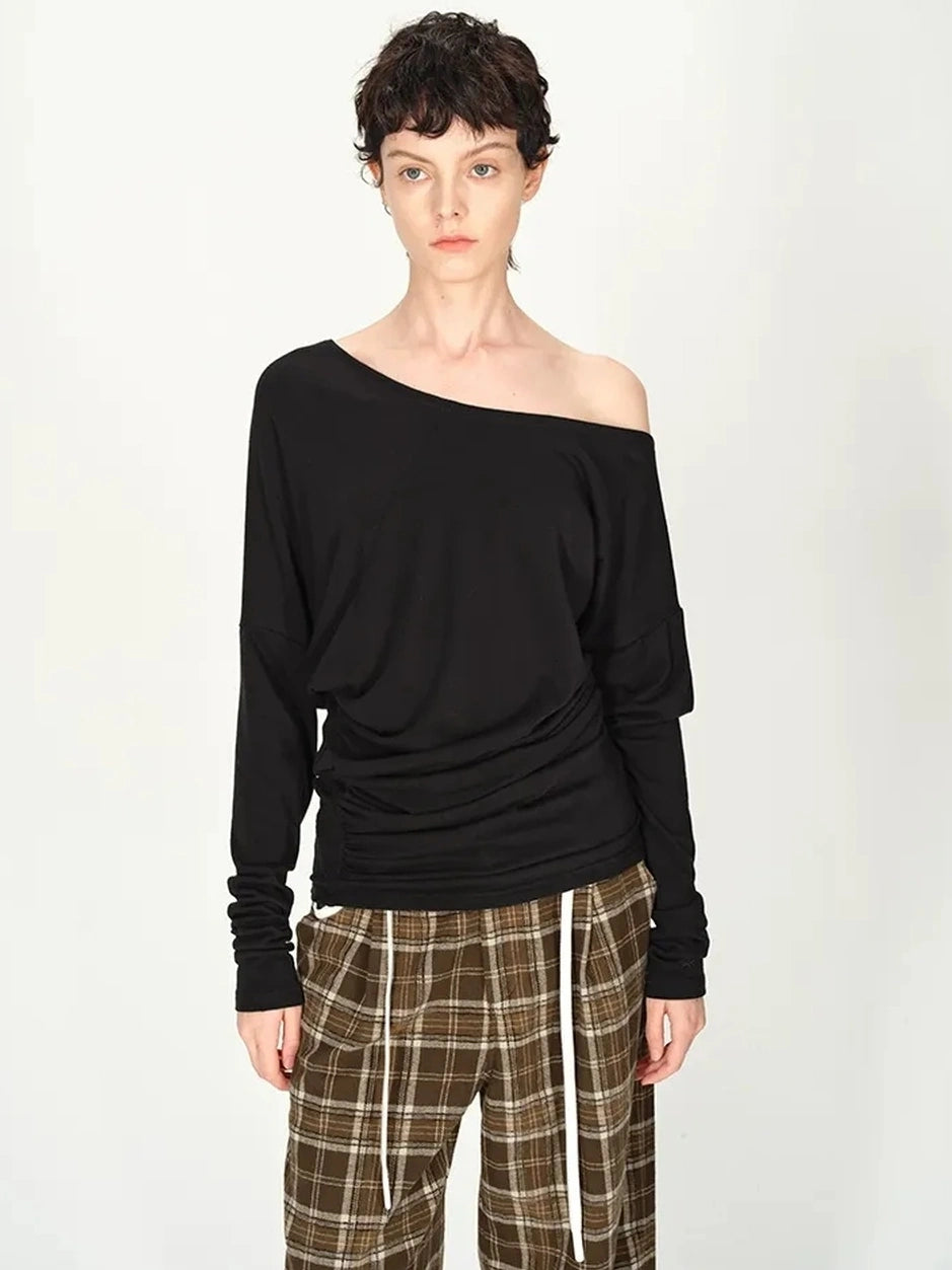 AFTADAWN Asymmetric Off Shoulder Wool Tencel Top T-shirt