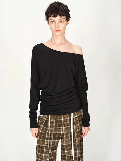 AFTADAWN Asymmetric Off Shoulder Wool Tencel Top T-shirt