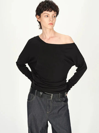 AFTADAWN Asymmetric Off Shoulder Wool Tencel Top T-shirt