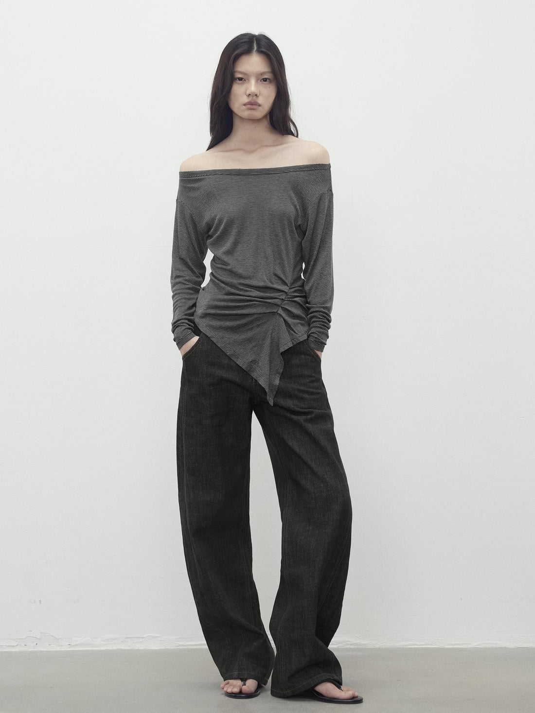 AFTADAWN Asymmetric One Shoulder Ruched Striped Slim Fit Lyocell Wool Women&
