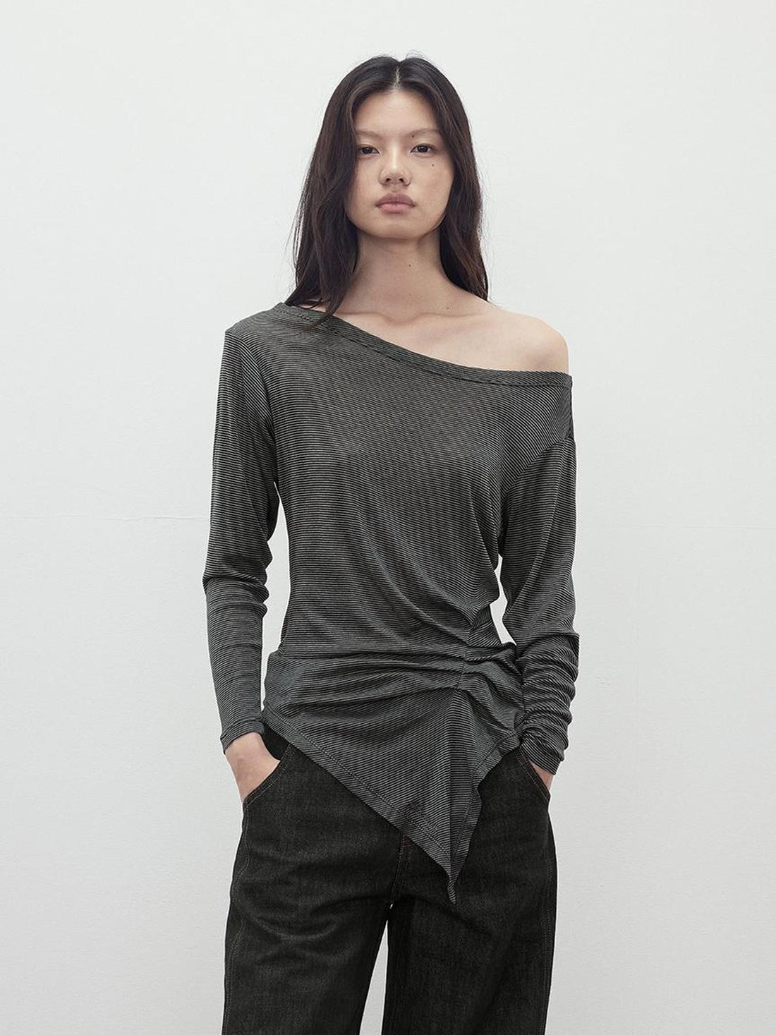 AFTADAWN Asymmetric One Shoulder Ruched Striped Slim Fit Lyocell Wool Women&