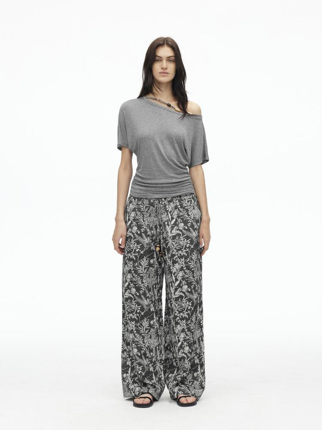 AFTADAWN Asymmetric Shoulder Beaded Lyocell Wool Top