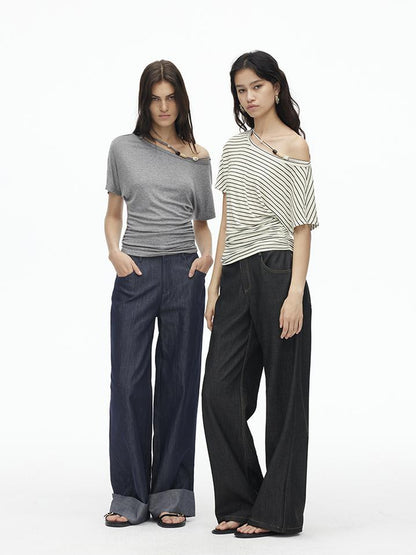 AFTADAWN Asymmetric Shoulder Beaded Lyocell Wool Top