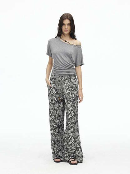 AFTADAWN Asymmetric Shoulder Beaded Lyocell Wool Top