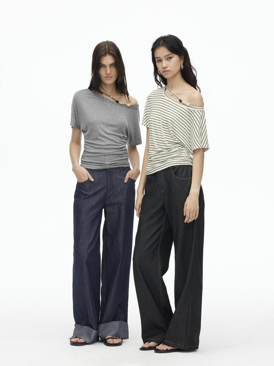 AFTADAWN Asymmetric Shoulder Beaded Lyocell Wool Top