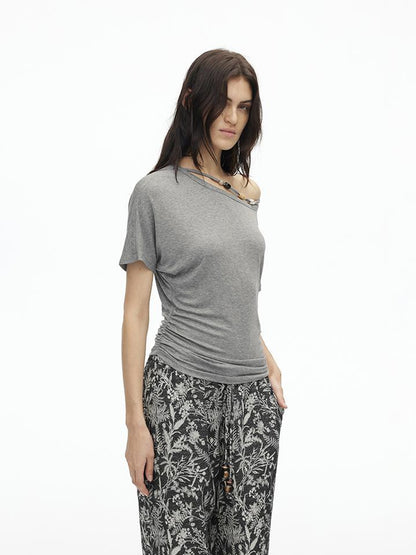 AFTADAWN Asymmetric Shoulder Beaded Lyocell Wool Top