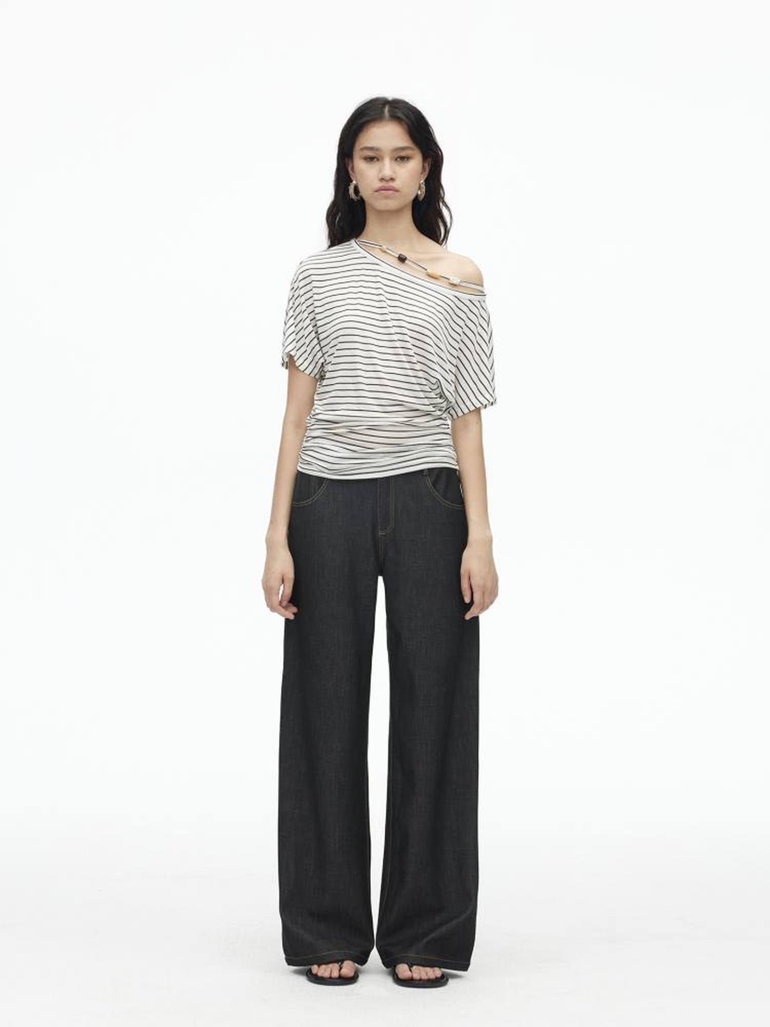 AFTADAWN Asymmetric Shoulder Beaded Lyocell Wool Top