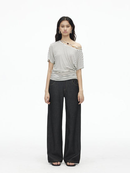 AFTADAWN Asymmetric Shoulder Beaded Lyocell Wool Top