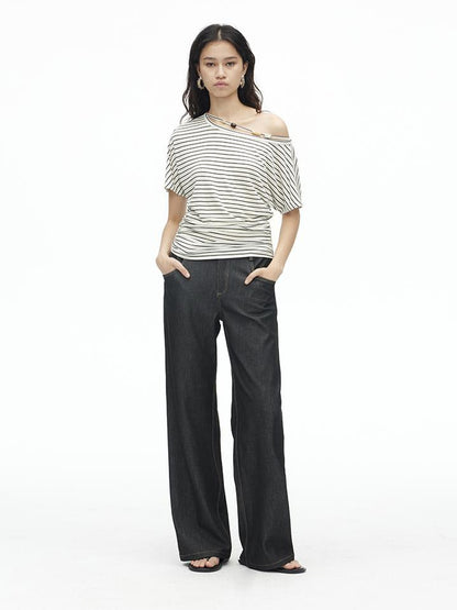 AFTADAWN Asymmetric Shoulder Beaded Lyocell Wool Top