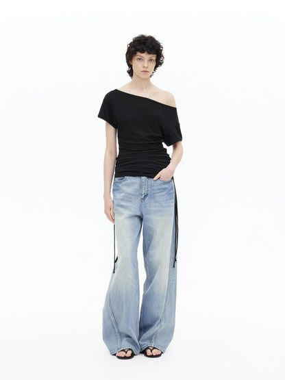 AFTADAWN Asymmetric Shoulder Lyocell Top Black White
