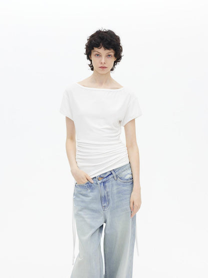 AFTADAWN Asymmetric Shoulder Lyocell Top Black White