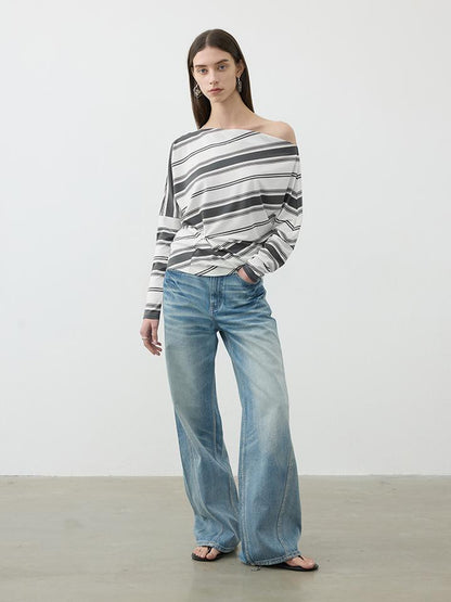 AFTADAWN Asymmetric Shoulder Stripe Button Detail Rayon Tee